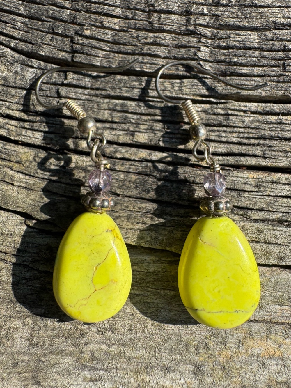 Yellow Dyed Howlite Teardrop Earrings with Sterling Silver Hooks